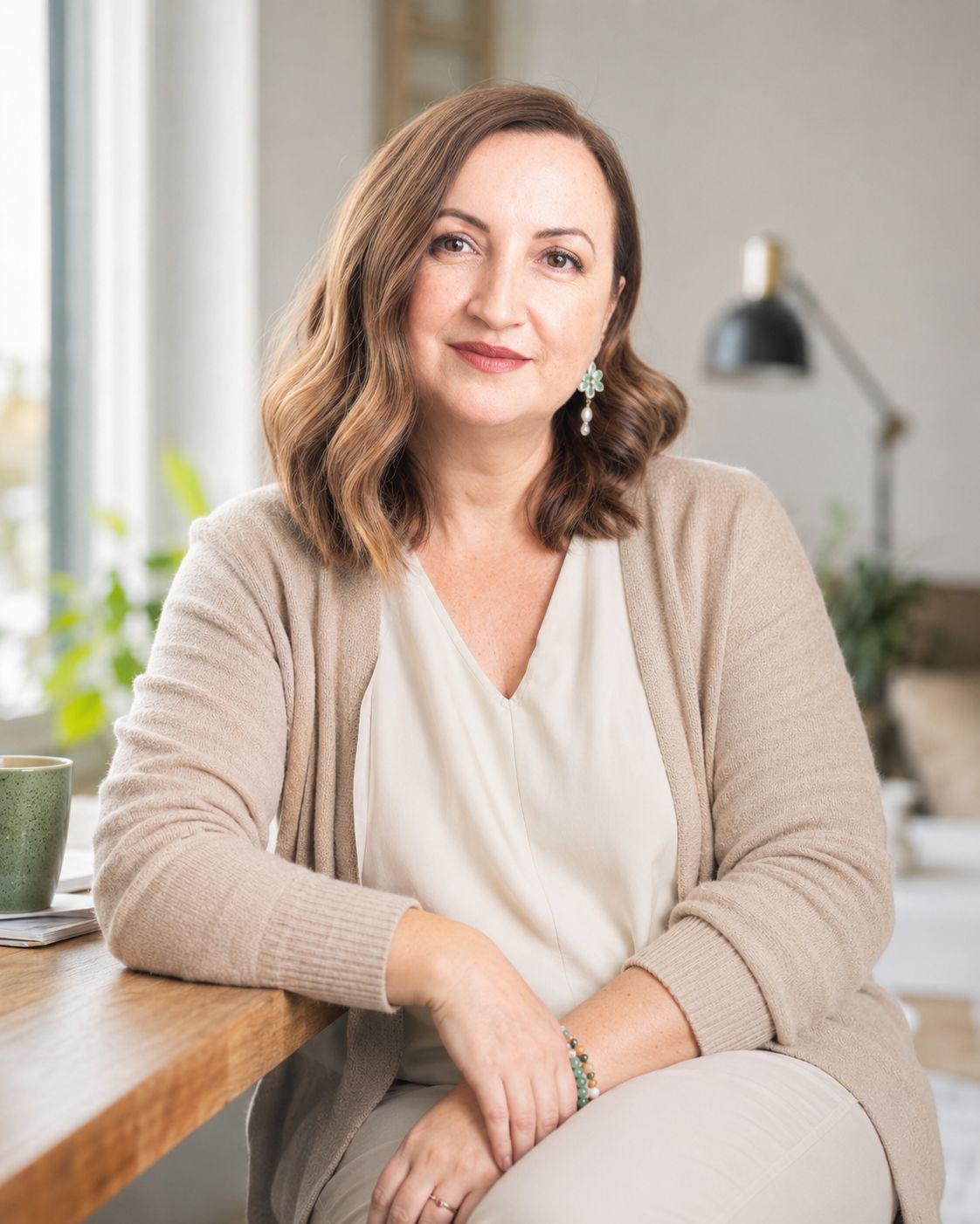 Ioana sitting at a wooden table by a window with a cup of coffee and a notebook